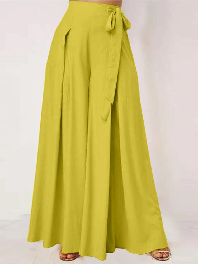 ZANZEA Women Solid Color Bowknot Pleated Loose Casual Wide Leg Pants — view 9