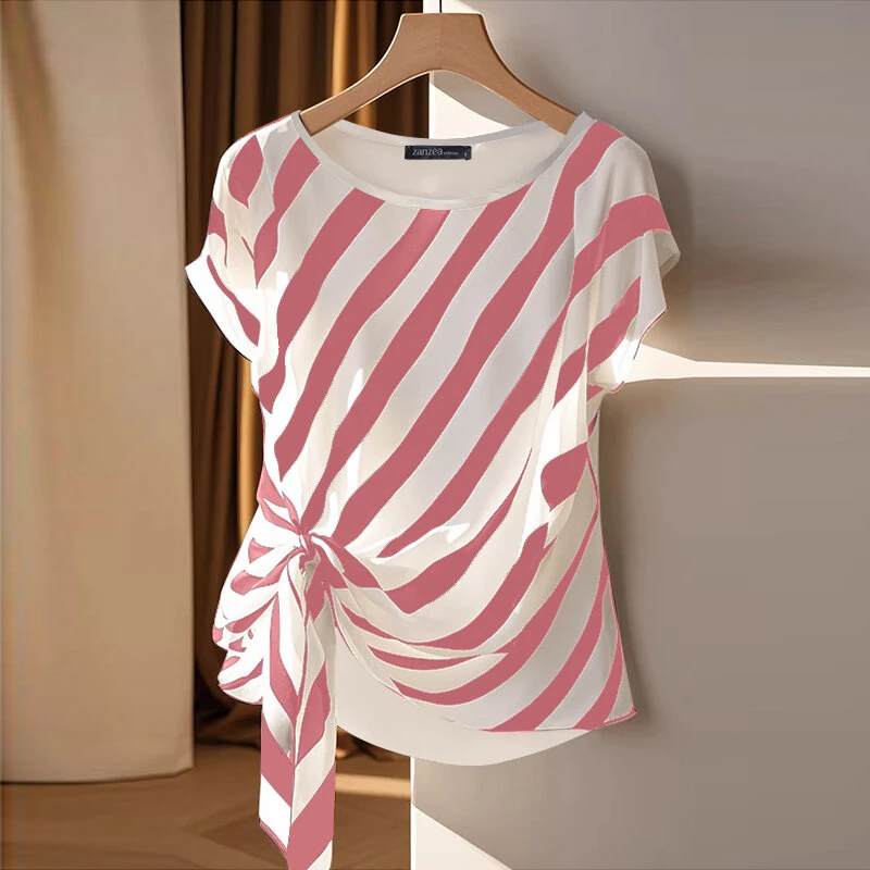 ZANZEA Women Striped Printed T-shirt Fashion Short Sleeve Tee Holiday Summer Holiday Belted Design Casual Simple Tops — view 2