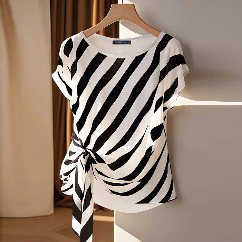 ZANZEA Women Striped Printed T-shirt Fashion Short Sleeve Tee Holiday Summer Holiday Belted Design Casual Simple Tops — view 3