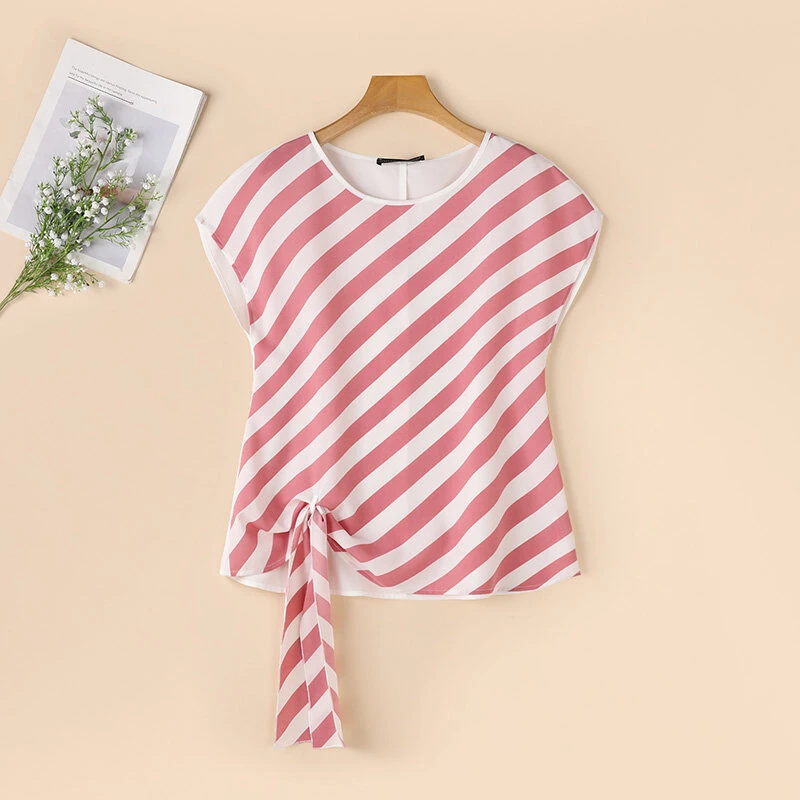 ZANZEA Women Striped Printed T-shirt Fashion Short Sleeve Tee Holiday Summer Holiday Belted Design Casual Simple Tops — view 4