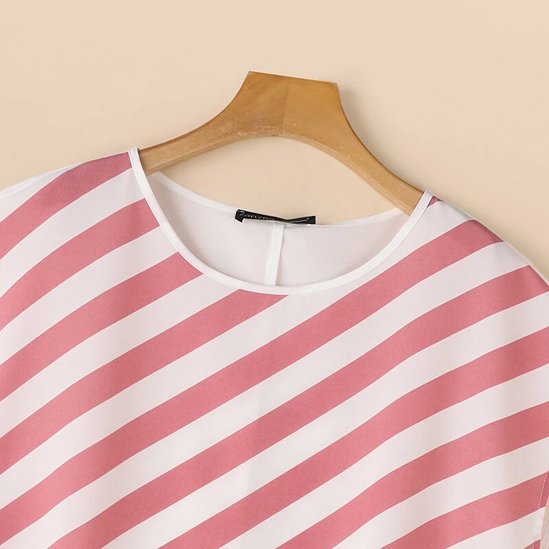 ZANZEA Women Striped Printed T-shirt Fashion Short Sleeve Tee Holiday Summer Holiday Belted Design Casual Simple Tops — view 5