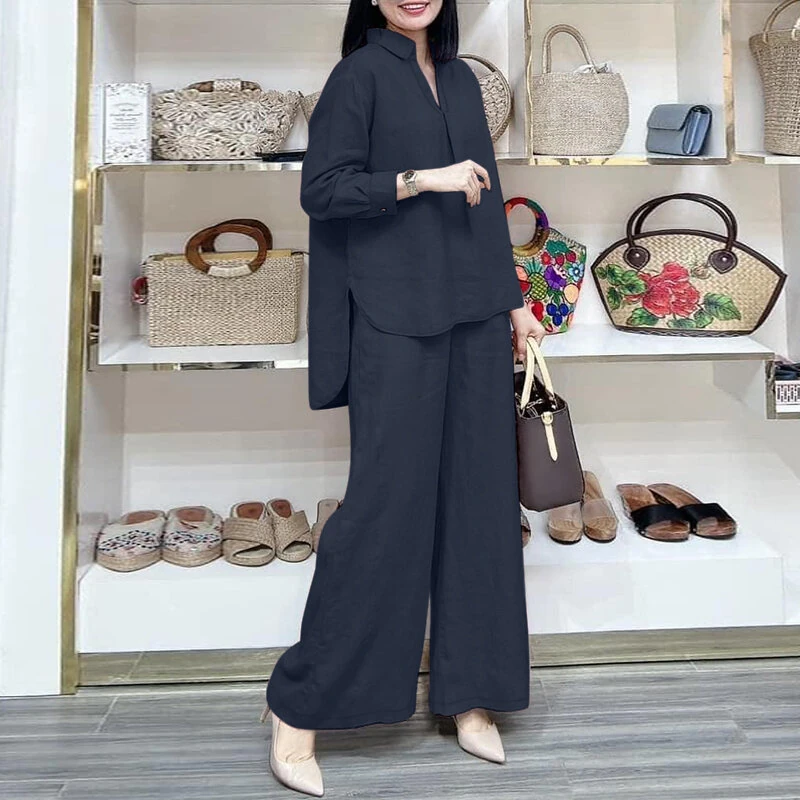 ZANZEA Women Suits - Long Sleeve Lantern Sleeve Elastic Waist Pants Wide Leg Pants with Pockets Casual Tops Trousers Two-Piece Set Plus Size — ZANZEA