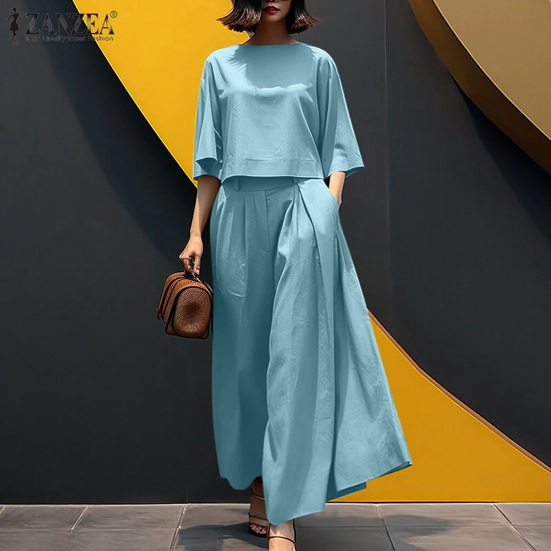ZANZEA Women Two-piece Outfits 3/4 Sleeve O-Neck Top Elastic Waist Pleated Wide Leg Pants Sets — view 3