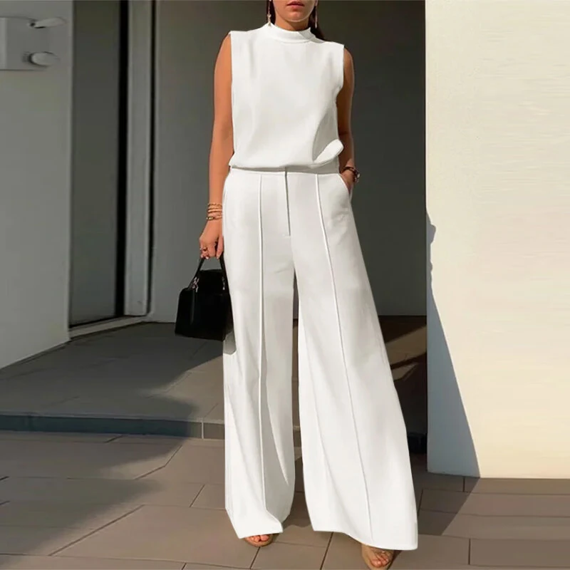 ZANZEA Women Vintage Casual Stand Neck Sleeveless Pleated Wide Leg Tops Trousers — ZANZEA
