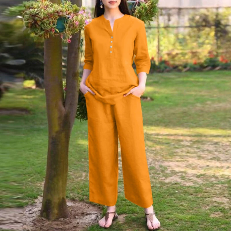 ZANZEA Women Vintage Daily Pockets Elastic Waist Solid Color Tops Trousers Solid Color Two-Piece Set — ZANZEA