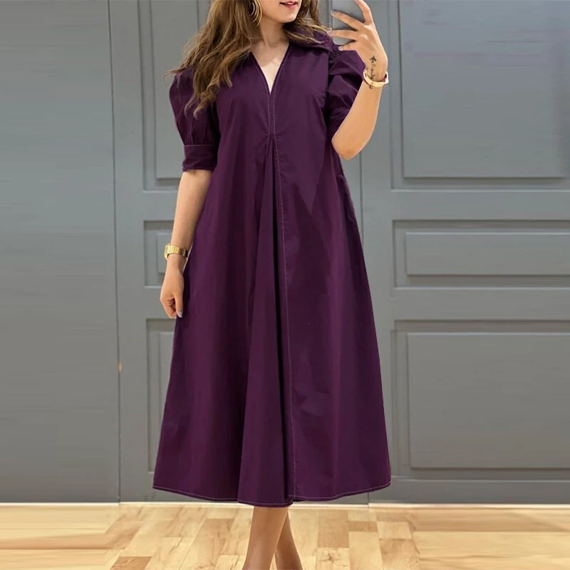 ZANZEA Women Vintage Fashion Solid Casual V-Neck Short Sleeve Dress Loose Fit with Side Pockets — ZANZEA