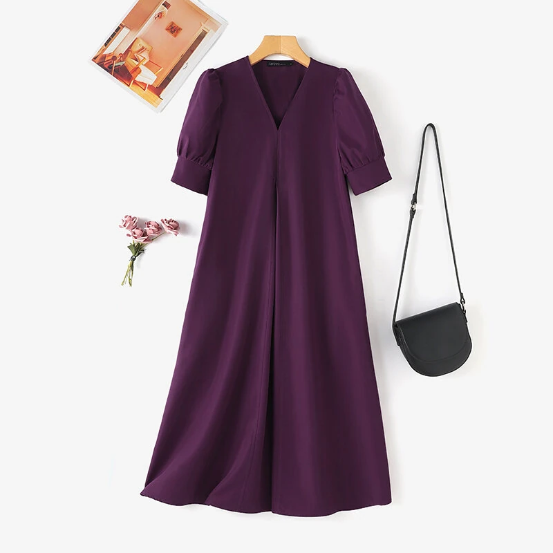 ZANZEA Women Vintage Fashion Solid Casual V-Neck Short Sleeve Dress Loose Fit with Side Pockets — view 4