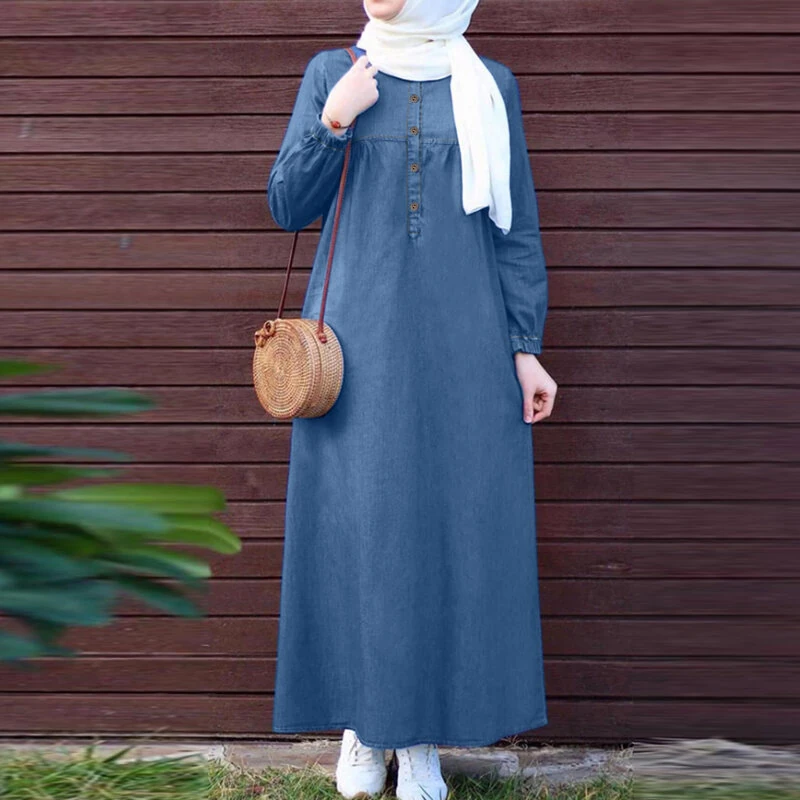ZANZEA Women Vintage Round Neck Denim Dresses Casual Lantern Sleeve Solid Maxi Dress — view 10