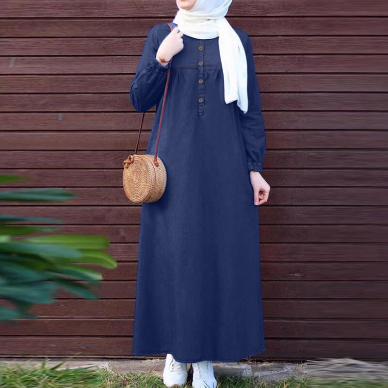 ZANZEA Women Vintage Round Neck Denim Dresses Casual Lantern Sleeve Solid Maxi Dress — view 2
