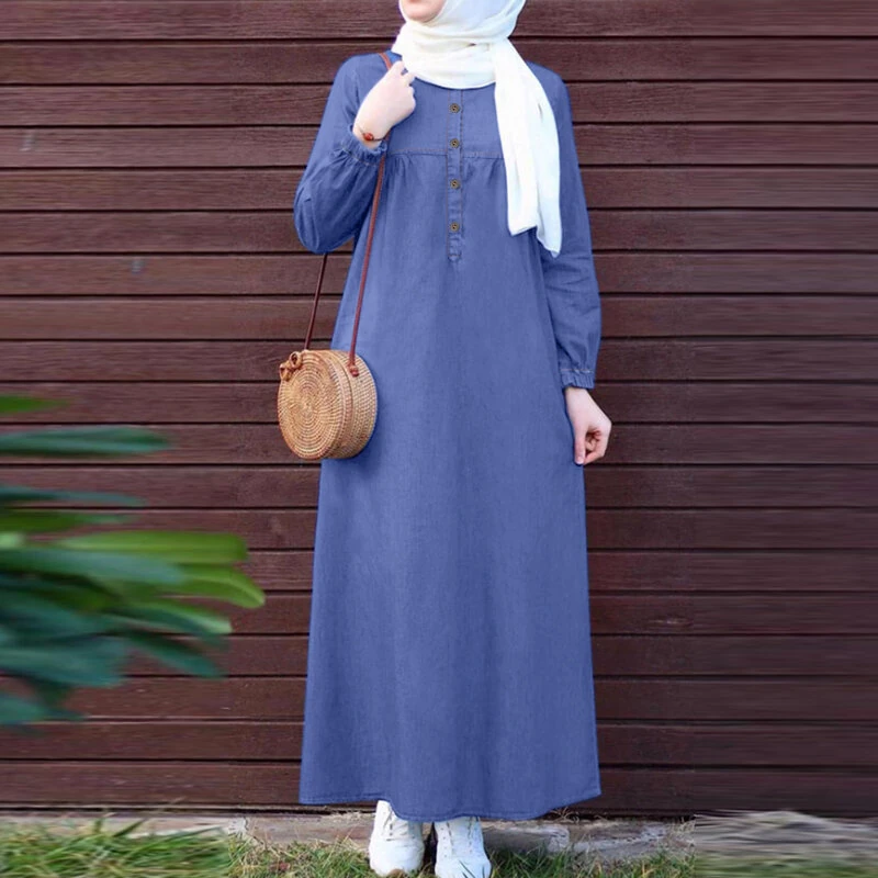 ZANZEA Women Vintage Round Neck Denim Dresses Casual Lantern Sleeve Solid Maxi Dress — view 3