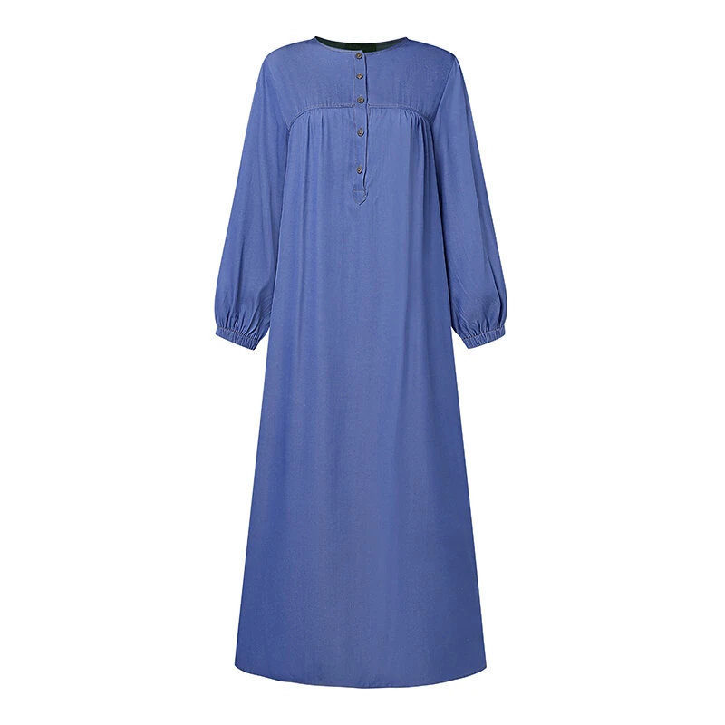 ZANZEA Women Vintage Round Neck Denim Dresses Casual Lantern Sleeve Solid Maxi Dress — view 4