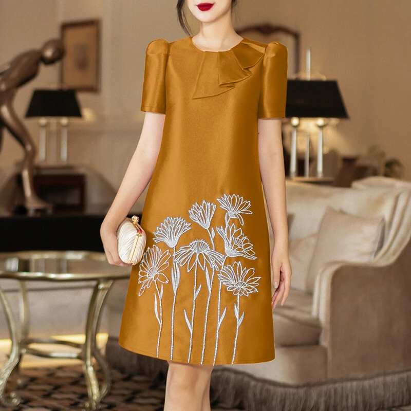 ZANZEA Womens Elegant Floral Embroidery Satin Dress Party Puff Sleeve Ruffles Knee Length Dresses — view 2
