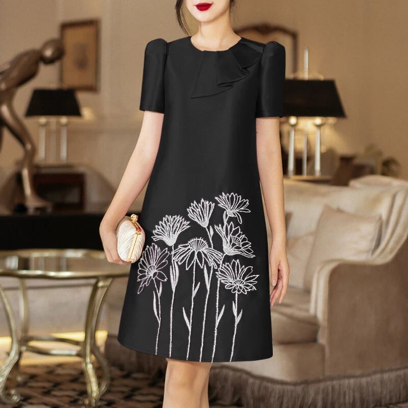 ZANZEA Womens Elegant Floral Embroidery Satin Dress Party Puff Sleeve Ruffles Knee Length Dresses — view 3