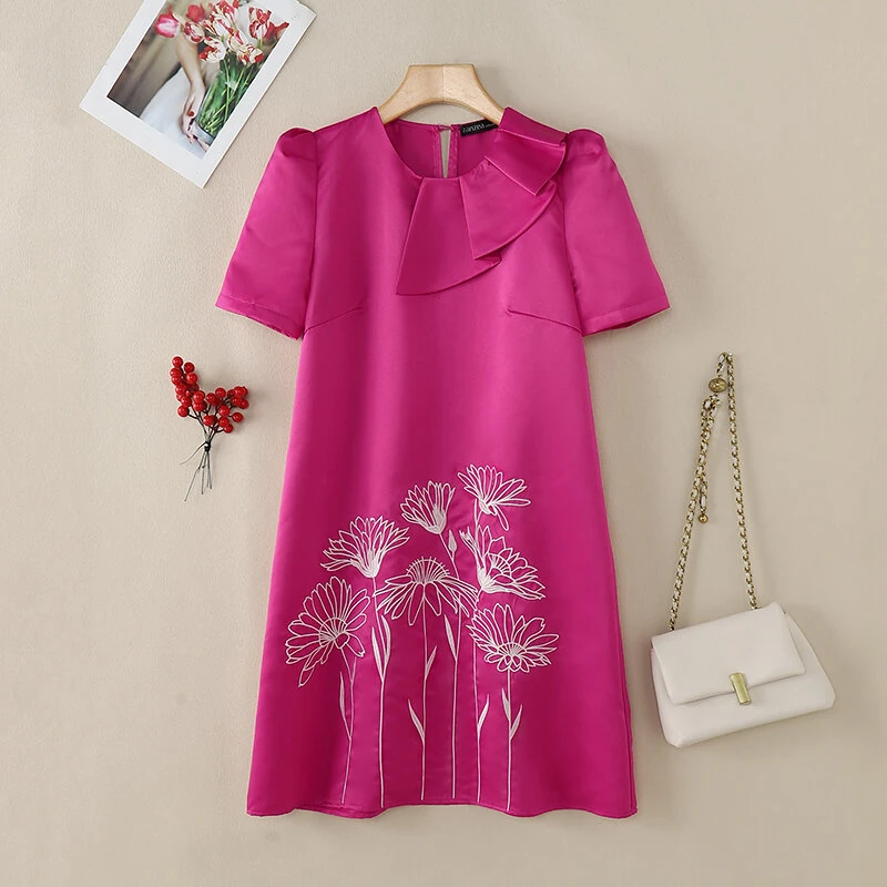 ZANZEA Womens Elegant Floral Embroidery Satin Dress Party Puff Sleeve Ruffles Knee Length Dresses — view 4