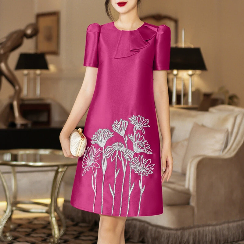 ZANZEA Womens Elegant Floral Embroidery Satin Dress Party Puff Sleeve Ruffles Knee Length Dresses — view 9