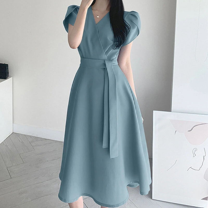 ZANZEA Womens Puff Sleeve V Neck Belted A Line Midi Dress Party Gown Long Dresses — ZANZEA