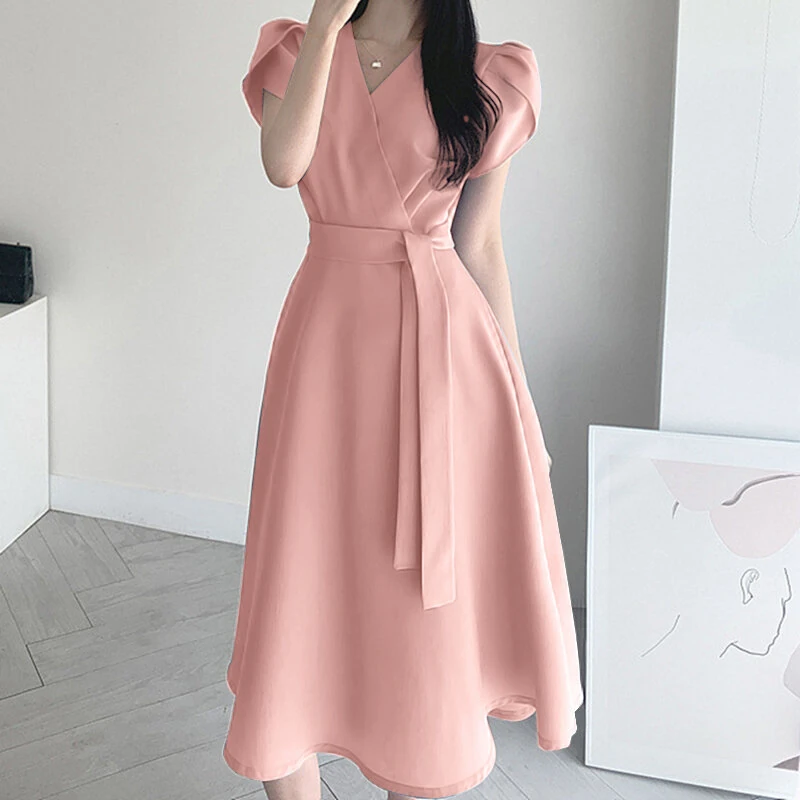 ZANZEA Womens Puff Sleeve V Neck Belted A Line Midi Dress Party Gown Long Dresses — view 8