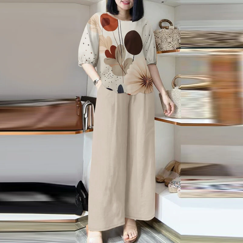ZANZEA Womens Two-Piece Set Lady Elegant Sets Crew Neck Lantern Sleeve Graphic Print Tops Wide Leg Trousers Suits — ZANZEA