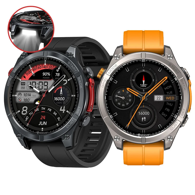 Zeblaze Stratos 4 1.43-inch AMOLED Display GPS 5ATM&IP69K Waterproof Built-in Compass&Barometric Altimeter Voice Assistant bluetooth Call Heart Rate SpO2 Monitor Sleep Monitoring Stress Detection Breathing Exercise Multi-sport Modes Smart Watch with Flash — Zeblaze