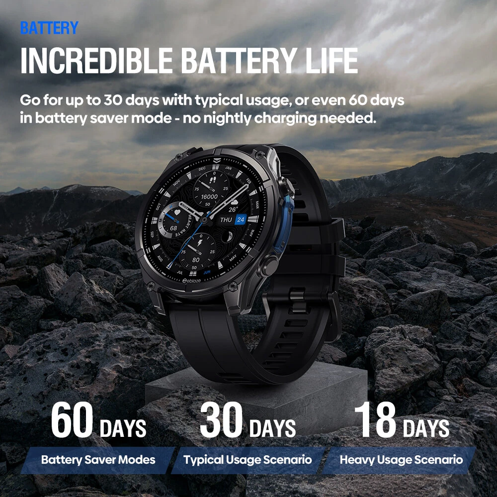 Zeblaze Vibe 8 1.43-inch AMOLED Display 818H SapphireLens Built-in LED Flashlight 60 Days Battery Life 5ATM&IP69K Waterproof bluetooth Call Heart Rate Blood Pressure Blood Oxygen Monitor Sleep Monitoring Breathing Training Multi-sport Modes Smart Watch — view 4