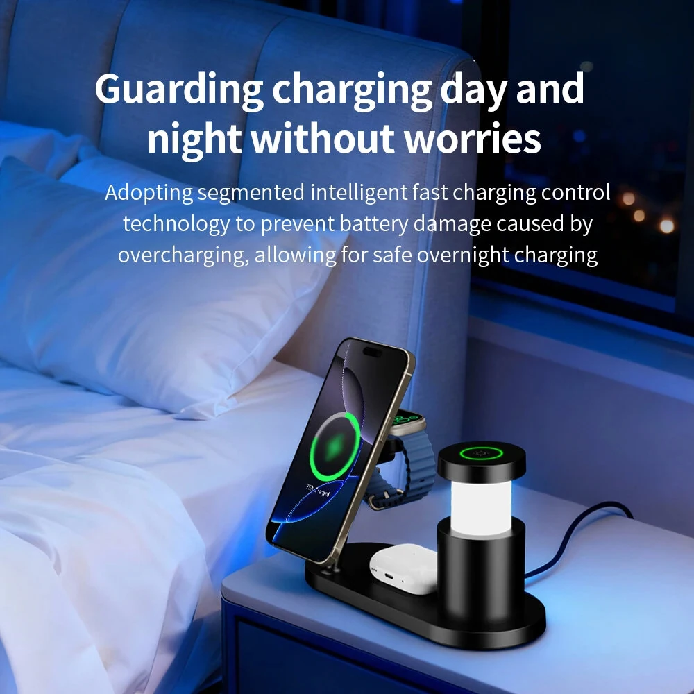 ZJ03 QI2.2 4-in-1 Magnetic Wireless Charger Stand 25W Fast Wireless Charging Station with Night Light for Smart Phones for iPhone 17 17Pro 16 Pro Max 15 14 13 for Xiaomi 17pro for Samsung Galaxy Z Fold7 for Huawei Mate XTs for Apple Watch for Airpods — view 8