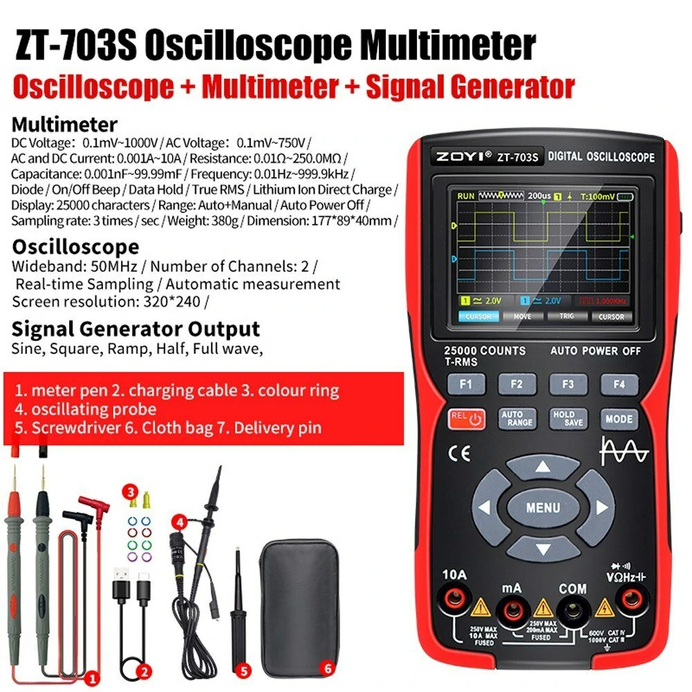ZOYI 703S 3-in-1 Dual Channel 50MHZ Bandwidth Handheld Oscilloscope Multimeter Generator 280MSa/s High Sampling Professional Oscilloscope 25000 Count Digital Multimeter — view 6