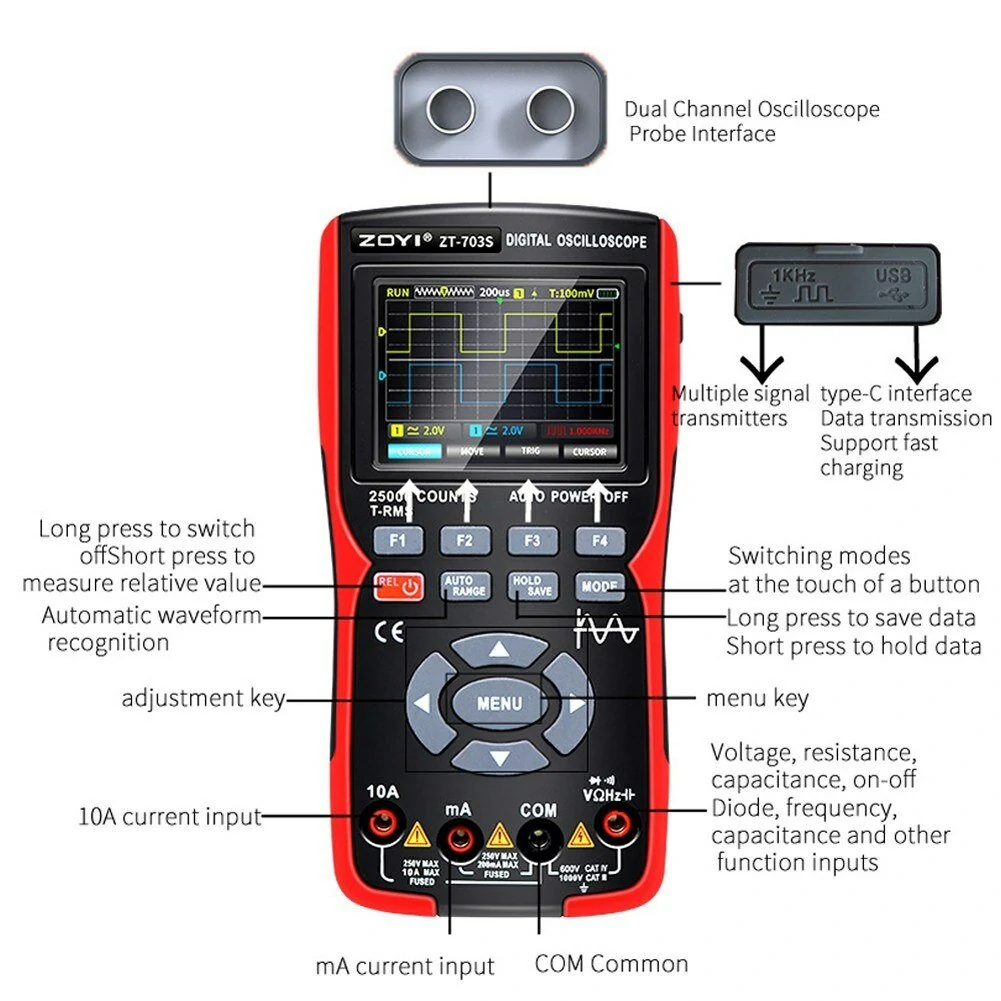 ZOYI 703S 3-in-1 Dual Channel 50MHZ Bandwidth Handheld Oscilloscope Multimeter Generator 280MSa/s High Sampling Professional Oscilloscope 25000 Count Digital Multimeter — view 7