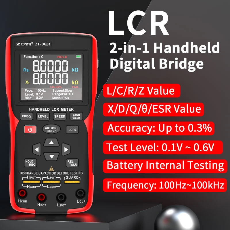 ZOYI ZT-DQ01 ZT-DQ02 Digital LCR Bridge Tester Meter Portable Handheld 0.3% Accuracy Capacitance Resistance Inductance Testing Multiple Frequencies — view 3