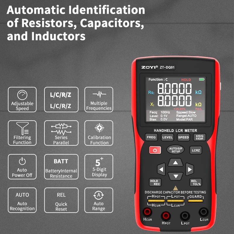 ZOYI ZT-DQ01 ZT-DQ02 Digital LCR Bridge Tester Meter Portable Handheld 0.3% Accuracy Capacitance Resistance Inductance Testing Multiple Frequencies — view 4