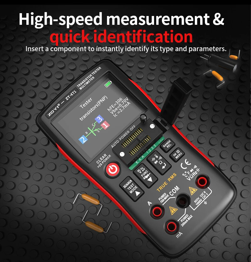 ZOYI ZT-XT1 2-in-1 Transistor Tester Kit Crystal tester Multimeter True RMS 2.4 Inch IPS Screen Resistors Capacitors Diodes MOSFETs Zener Temperature Sensors Semiconductor Testing Supports USB firmware upgrades — view 10