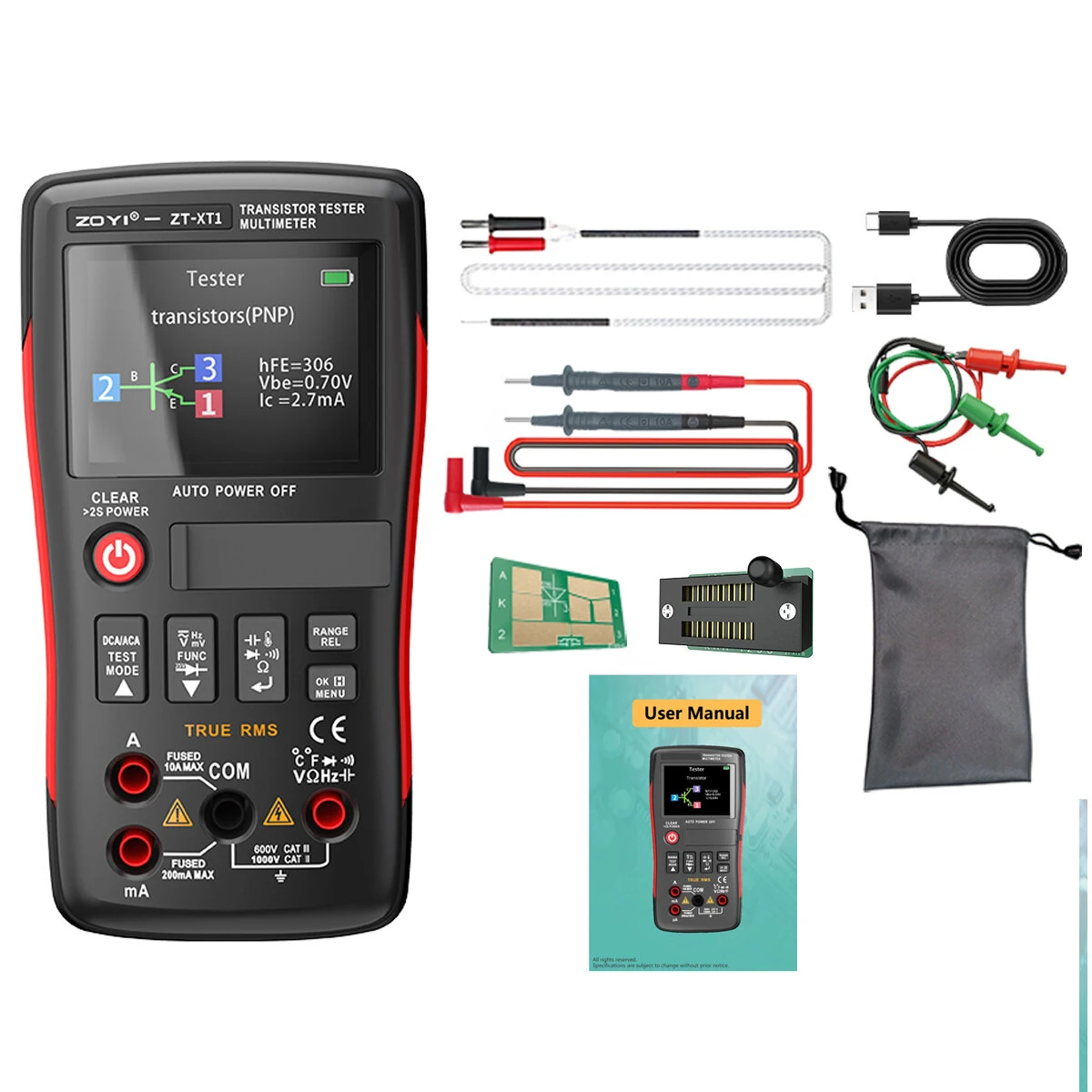 ZOYI ZT-XT1 2-in-1 Transistor Tester Kit Crystal tester Multimeter True RMS 2.4 Inch IPS Screen Resistors Capacitors Diodes MOSFETs Zener Temperature Sensors Semiconductor Testing Supports USB firmware upgrades — view 2