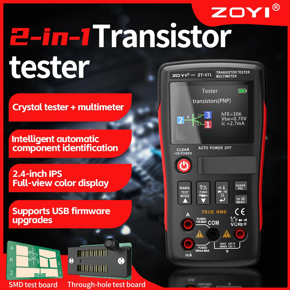 ZOYI ZT-XT1 2-in-1 Transistor Tester Kit Crystal tester Multimeter True RMS 2.4 Inch IPS Screen Resistors Capacitors Diodes MOSFETs Zener Temperature Sensors Semiconductor Testing Supports USB firmware upgrades — view 3