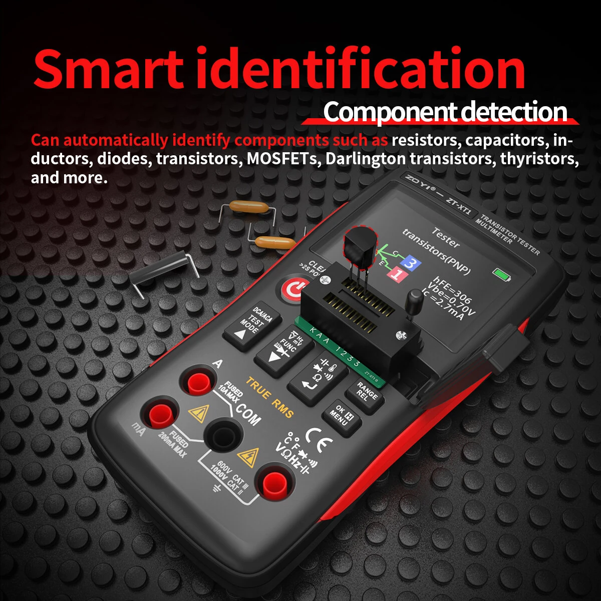 ZOYI ZT-XT1 2-in-1 Transistor Tester Kit Crystal tester Multimeter True RMS 2.4 Inch IPS Screen Resistors Capacitors Diodes MOSFETs Zener Temperature Sensors Semiconductor Testing Supports USB firmware upgrades — view 5